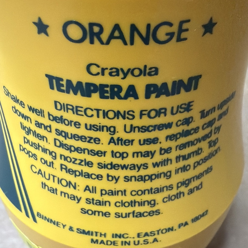 Crayola Tempera Paint *Orange* #1216 BINNEY & SMITH 16 Fl. Oz. 1980s Rare Bottle - Picture 3 of 5